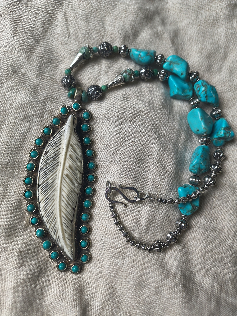Buffalo Bone Tibetan Silver Genuine Turquoise Southwest Feather Wing Statement .